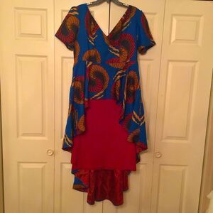 EY Studio Bold Royal Blue, Ruby Red & Gold Print African high-low dress